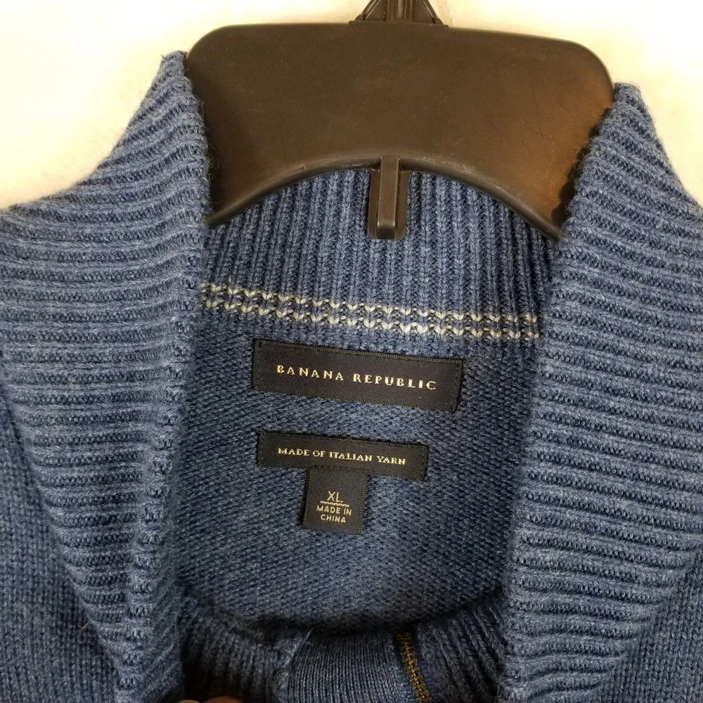 Banana Republic Men XL Blue Wool Blend Italian Yarn Quarter Zip Sweater Military